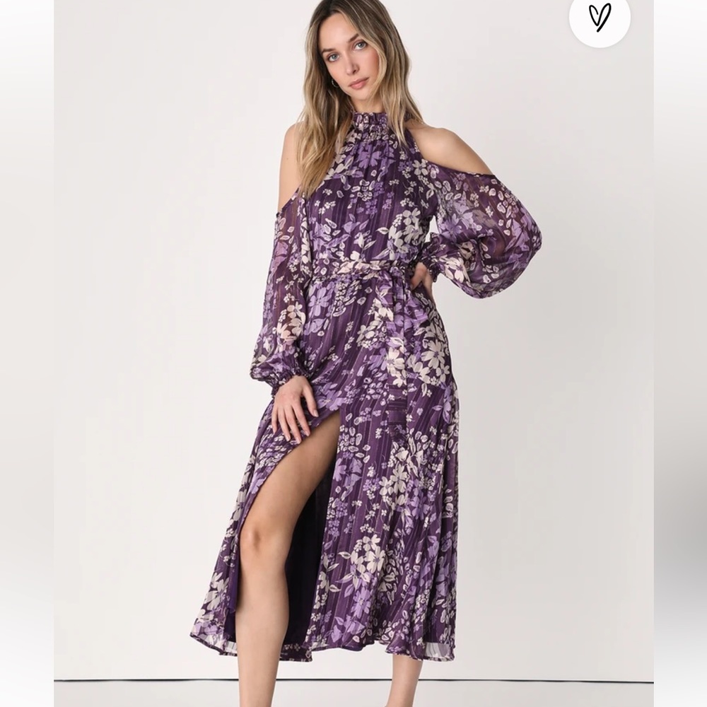 Storybook Sweetheart Purple Floral Cold-Shoulder Midi Dress